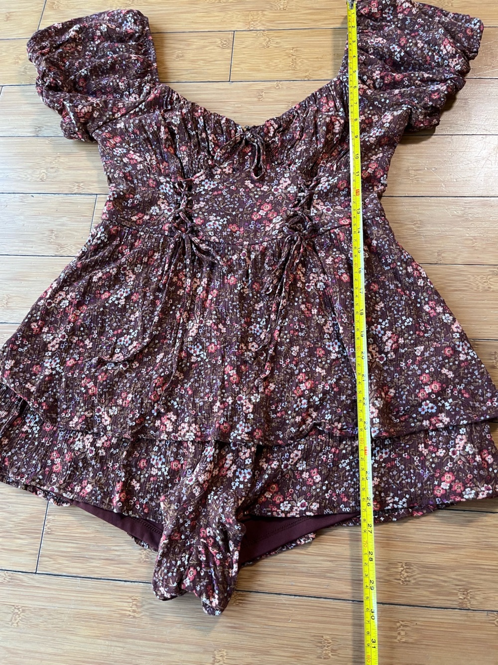Francesca's Collections Floral Boho Burgundy Romper with Corset Style Ties - Picture 10 of 13